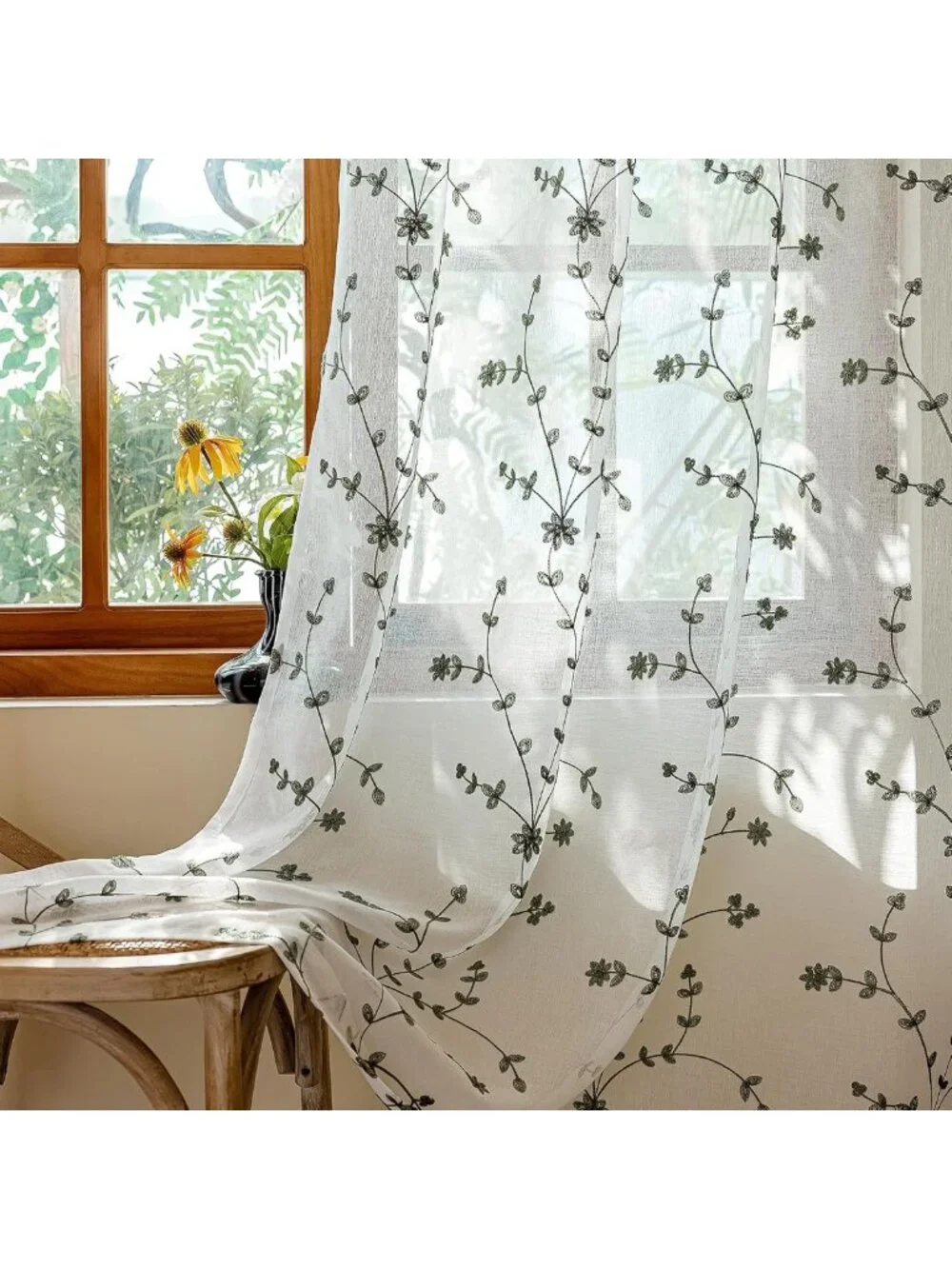 Leaf Flora Embroidered Semi-Sheer Curtains - Farmhouse Window Treatment, 53x84